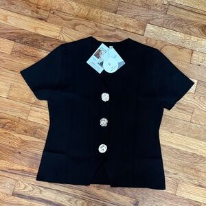 Black Short Sleeve Top with Decorative Buttons